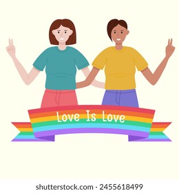 Pride month banner concept with two girls and rainbow flag