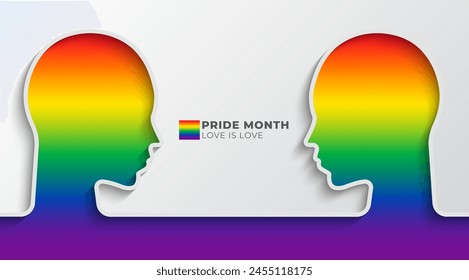 Pride Month banner concept with a two-head outline has LGBT pride color. Lesbian Gay Bisexual Transgender. Symbol of pride month. Design for poster, flyer, web, banner, template. Vector Illustration