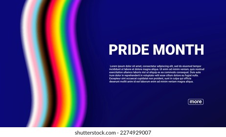 El concepto de banner del Mes del Orgullo. Ilustración vectorial con nueva bandera del Orgullo progresivo aislada en fondo azul oscuro. Plantilla de página web para eventos del Mes del Orgullo. Banner LGBTQ+. Arcoiris progresivo.