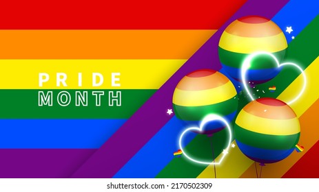 Pride month banner design with balloons and heart neon light on abstract rainbow stripes background. Vector illustration.