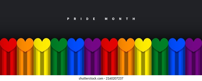 Pride month banner design with colorful rainbow hearts cute isolated on black background. Vector illustration.