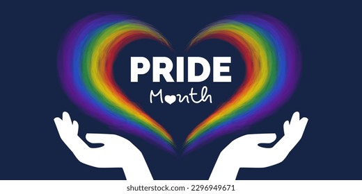 pride month banner design with lgbt colors heart and human hands vector illustration