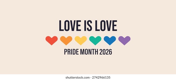 Pride Month banner, Pride Flag colors with heart shape. LGBTQ Rainbow flag with Pride Month 2026