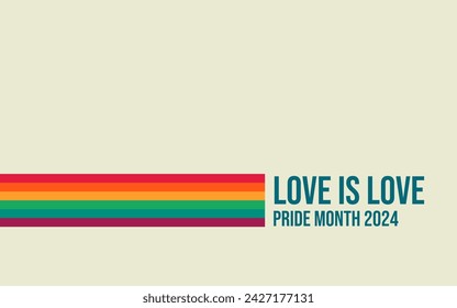 Pride Month banner with Pride Flag. LGBTQ Rainbow flag with Pride Month text. Love is Love 2024