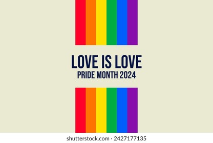 Pride Month banner with Pride Flag. LGBTQ Rainbow flag with Pride Month text. Love is Love 2024