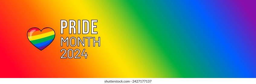 Pride Month banner with Pride Flag. LGBTQ Rainbow flag with Pride Month text. Love is Love 2024