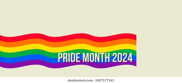 Pride Month banner with Pride Flag. LGBTQ Rainbow flag with Pride Month text. Love is Love 2024