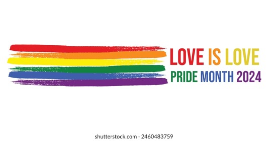 Pride Month Banner mit Pride Flag. LGBTQ Regenbogenflagge mit Pride Month Text. Love is Love 2024 Designer-Zeichen, Logo, Ikone und bunter Regenbogen auf weißem Hintergrund.