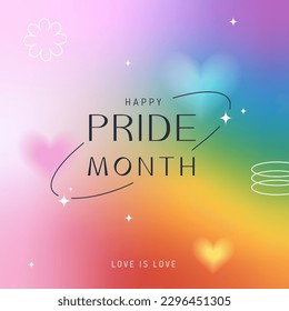 Pride Month, banner, greeting card, poster, cover. LGBT colorful rainbow concept. Trendy blurred gradient, geometric shapes, typography, y2k background. Social media template.