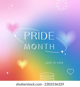 Pride Month, banner, greeting card, poster, cover. LGBT colorful rainbow concept. Trendy blurred gradient, geometric shapes, typography, y2k background. Social media template.