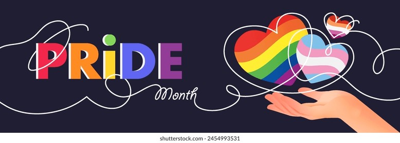 Anuncio del Mes del Orgullo con una mano sosteniendo el arco iris, lesbianas, corazones de la bandera transgénero y línea continua dibujando sobre fondo oscuro para LGBTQIA. Ilustración vectorial.