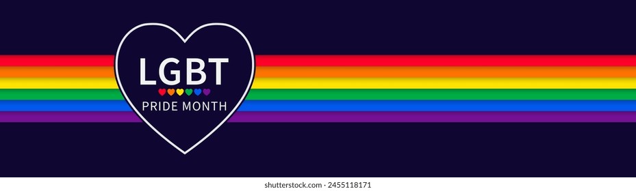 Pride month banner with Heart and LGBTQ pride flag. Lesbian Gay Bisexual Transgender. Symbol of pride month. Design for poster, flyer, web, banner, template. June Pride Parade. Vector Illustration.