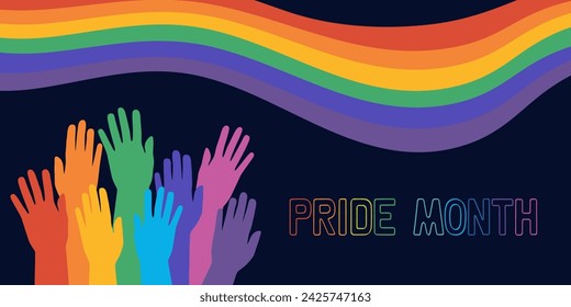 Pride Month banner. LGBT flag wave and hands rainbow colored. Hand drawn vector illustration isolated on black background. Flat cartoon style.