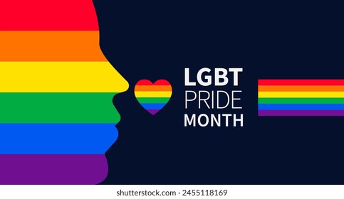 Pride month banner with LGBTQ pride flag. Lesbian Gay Bisexual Transgender. Symbol of pride month. Design for poster, flyer, web, banner, template. June Pride Parade. Vector Illustration.