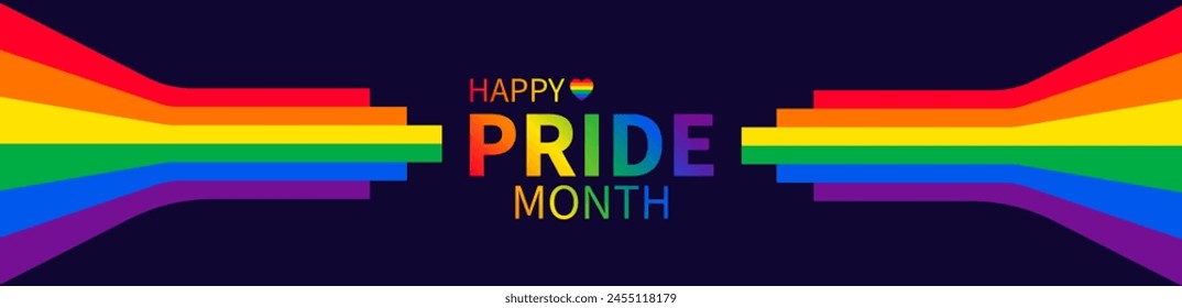 Pride month banner with LGBTQ pride flag. Lesbian Gay Bisexual Transgender. Symbol of pride month. Design for poster, flyer, web, banner, template. June Pride Parade. Vector Illustration.