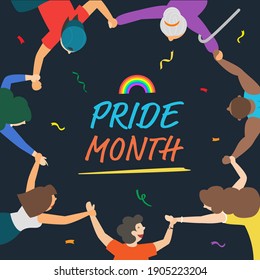 Pride month banner with LGBTQ people holding each other hands in a circle to show their pride vector design