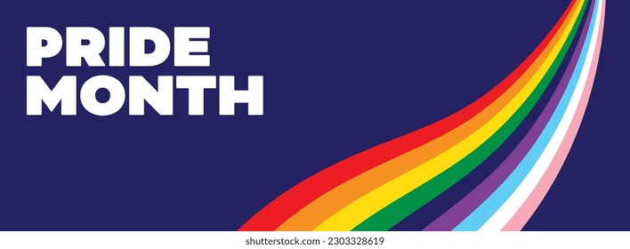 Pride Month Banner. LGBTQ+ Pride Month Web Banner Design Template with 'Pride Month' Text and Inclusive LGBT Pride Flag Illustration.