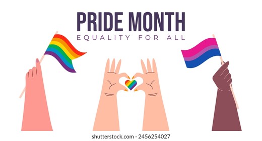 Pride Month Banner. Multiracial hands holding LGBTQ flags, showing rainbow heart. Gay people community celebrating diversity vector illustration.