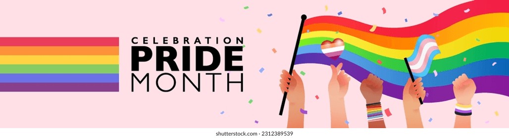 PRIDE month banner of people hold rainbow flag with sign language hands supporting pride month celebration. Vector illustration template.