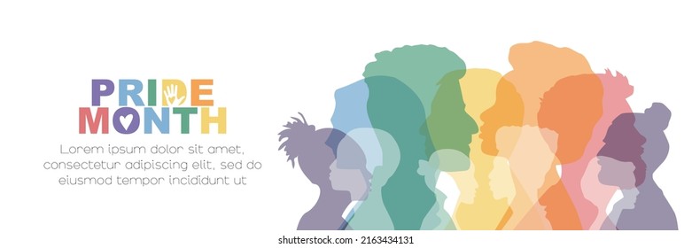 Pride Month banner. People stand side by side together. Card with place for text. Flat vector illustration.	