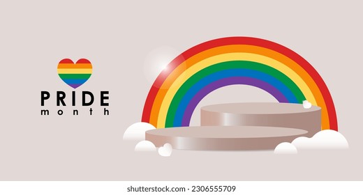 Pride month banner with product display, rainbow (lgbtq symbol) and clouds. -Vector