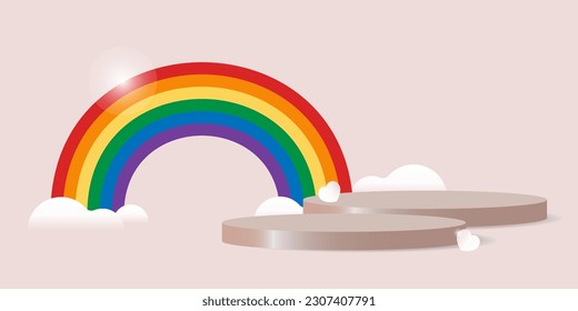 Pride month banner with product display, rainbow (lgbtq+ symbol) and clouds. -Vector