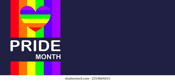 Pride month banner with rainbow flag and heart. Pride month background. Pride month poster. Vector illustration.