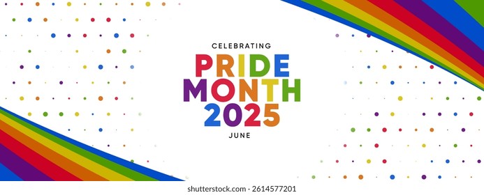 Pride Month Banner With Rainbow Gradient Ribbon Background. Celebrating Pride Month Web Banner Design. Trendy Pride Banner with Pride Month Text and Colorful Rainbow.