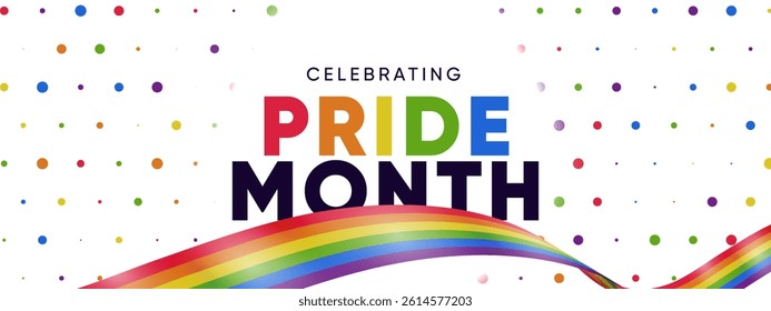 Pride Month Banner With Rainbow Gradient Ribbon Background. Celebrating Pride Month Web Banner Design. Trendy Pride Banner with Pride Month Text and Colorful Rainbow.