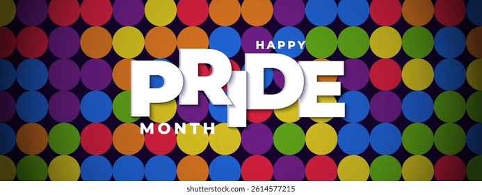 Pride Month Banner With Rainbow Gradient Ribbon Background. Celebrating Pride Month Web Banner Design. Trendy Pride Banner with Pride Month Text and Colorful Rainbow.