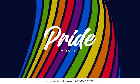 Pride Month Banner With Rainbow Gradient Ribbon Background. Celebrating Pride Month Web Banner Design. Trendy Pride Banner with Pride Month Text and Colorful Rainbow.