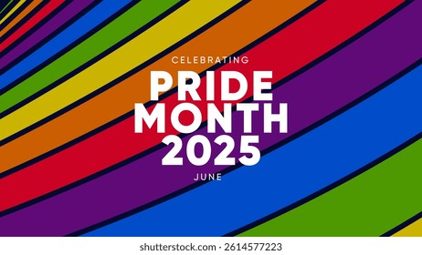Pride Month Banner With Rainbow Gradient Ribbon Background. Celebrating Pride Month Web Banner Design. Trendy Pride Banner with Pride Month Text and Colorful Rainbow.