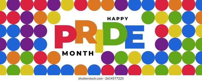 Pride Month Banner With Rainbow Gradient Ribbon Background. Celebrating Pride Month Web Banner Design. Trendy Pride Banner with Pride Month Text and Colorful Rainbow.