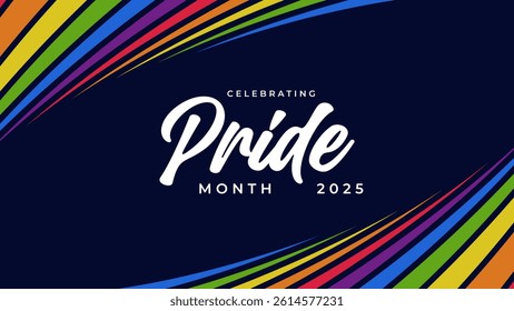 Pride Month Banner With Rainbow Gradient Ribbon Background. Celebrating Pride Month Web Banner Design. Trendy Pride Banner with Pride Month Text and Colorful Rainbow.