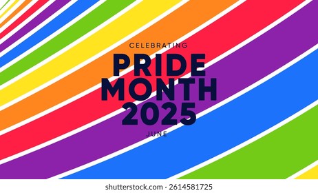 Pride Month Banner With Rainbow Gradient Ribbon Background. Celebrating Pride Month Web Banner Design. Trendy Pride Banner with Pride Month Text and Colorful Rainbow.