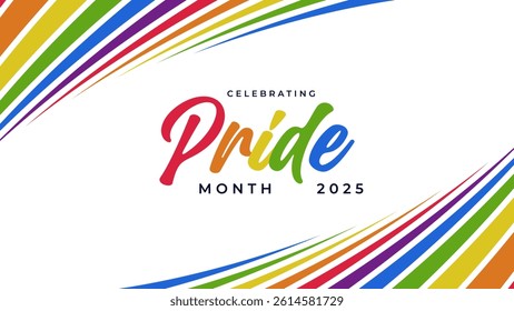 Pride Month Banner With Rainbow Gradient Ribbon Background. Celebrating Pride Month Web Banner Design. Trendy Pride Banner with Pride Month Text and Colorful Rainbow.