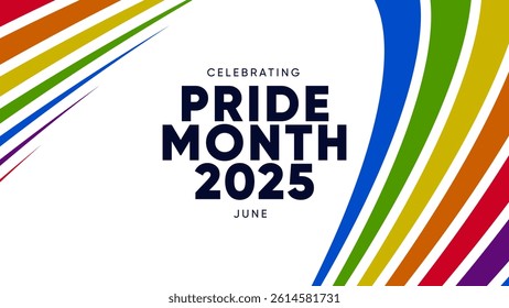 Pride Month Banner With Rainbow Gradient Ribbon Background. Celebrating Pride Month Web Banner Design. Trendy Pride Banner with Pride Month Text and Colorful Rainbow.