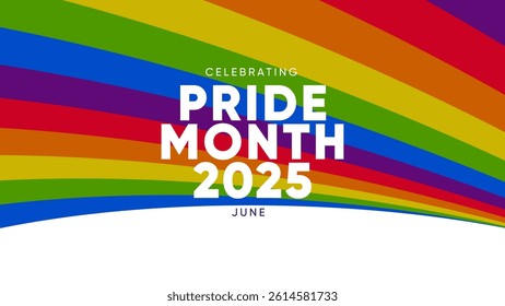 Pride Month Banner With Rainbow Gradient Ribbon Background. Celebrating Pride Month Web Banner Design. Trendy Pride Banner with Pride Month Text and Colorful Rainbow.