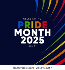 Pride Month Banner With Rainbow Gradient Ribbon Background. Celebrating Pride Month Web Banner Design. Trendy Pride Banner with Pride Month Text and Colorful Rainbow.