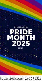 Pride Month Banner With Rainbow Gradient Ribbon Background. Celebrating Pride Month Web Banner Design. Trendy Pride Banner with Pride Month Text and Colorful Rainbow.