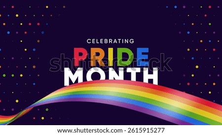 Pride Month Banner With Rainbow Gradient Ribbon Background. Celebrating Pride Month Web Banner Design. Trendy Pride Banner with Pride Month Text and Colorful Rainbow.