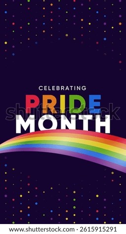Pride Month Banner With Rainbow Gradient Ribbon Background. Celebrating Pride Month Web Banner Design. Trendy Pride Banner with Pride Month Text and Colorful Rainbow.