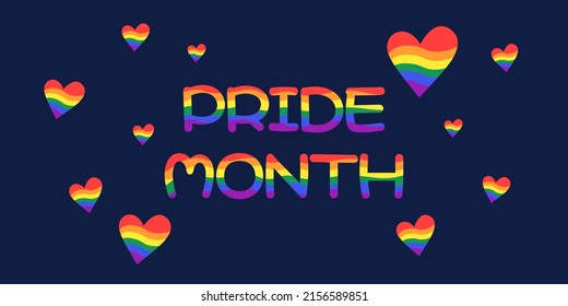 Pride Month banner. Rainbow hearts and colorful text. LGBT movement. Vibrant pride month words on dark background. Vector illustration.