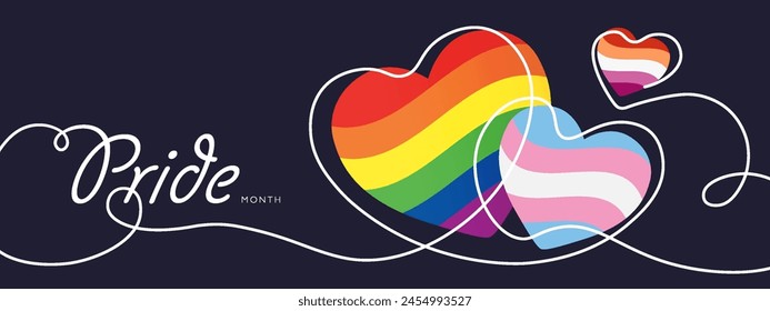 Pride Month banner with rainbow, lesbian, transgender flag hearts and continuous line drawing on dark background for LGBTQIA. Vector illustration.