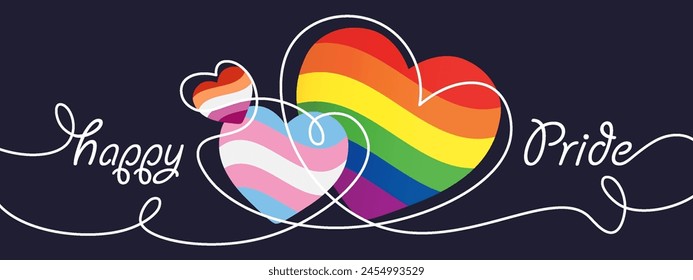 Pride Month banner with rainbow, lesbian, transgender flag hearts and continuous line drawing on dark background for LGBTQIA. Vector illustration.