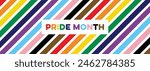 Pride Month Banner with Rainbow Striped Background in LGBTQ Pride Flag Colours. Colorful Pride Month Text on Rainbow Pattern Background. Vector Banner for Pride Month.