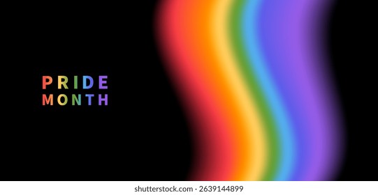 Pride month banner with rainbows colors curved, blur gradient on black background. Vector illustration.