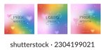 Pride Month, banner, set greeting card, poster, cover set. LGBT colorful rainbow concept. Trendy minimalist aesthetic with blurred gradients, geometric shapes, typography, y2k backgrounds.
