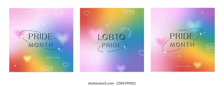 Pride Month, banner, set greeting card, poster, cover set. LGBT colorful rainbow concept. Trendy minimalist aesthetic with blurred gradients, geometric shapes, typography, y2k backgrounds.
