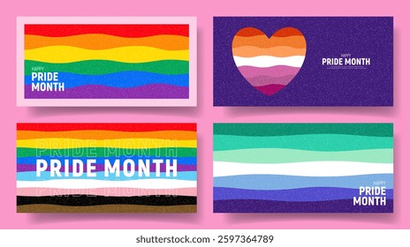 Pride Month banners concept. Vector illustrations with wavy rainbow patterns and typography design. Set of Pride Month backgrounds for decoration of LGBT events, social media, cover, branding.